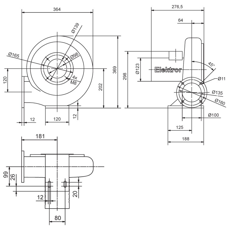 Rozměry ventilátoru RD 14 F