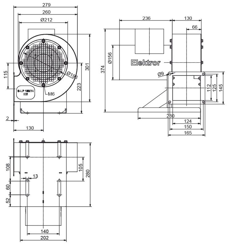 Rozměry ventilátoru S-LP 180/74