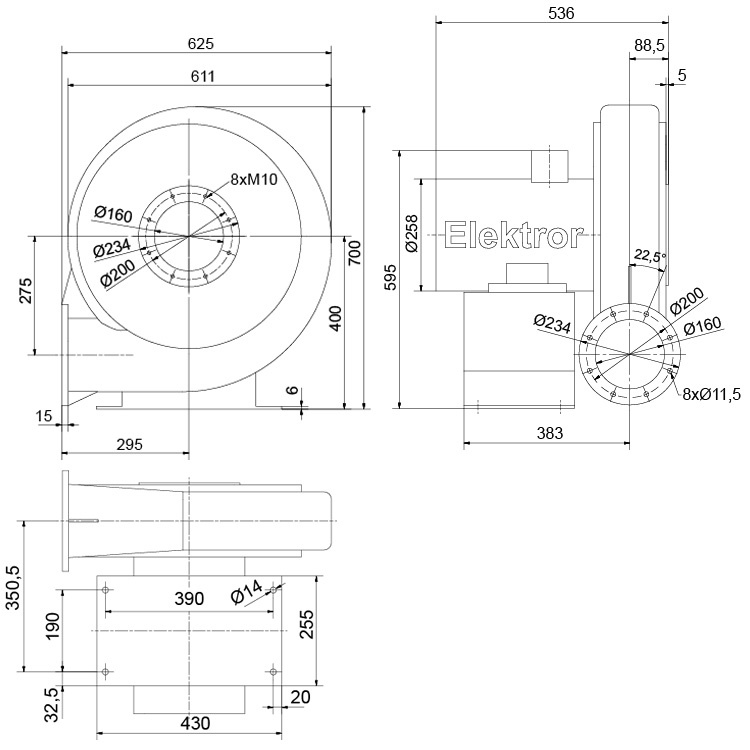Rozměry ventilátoru RD 74 F